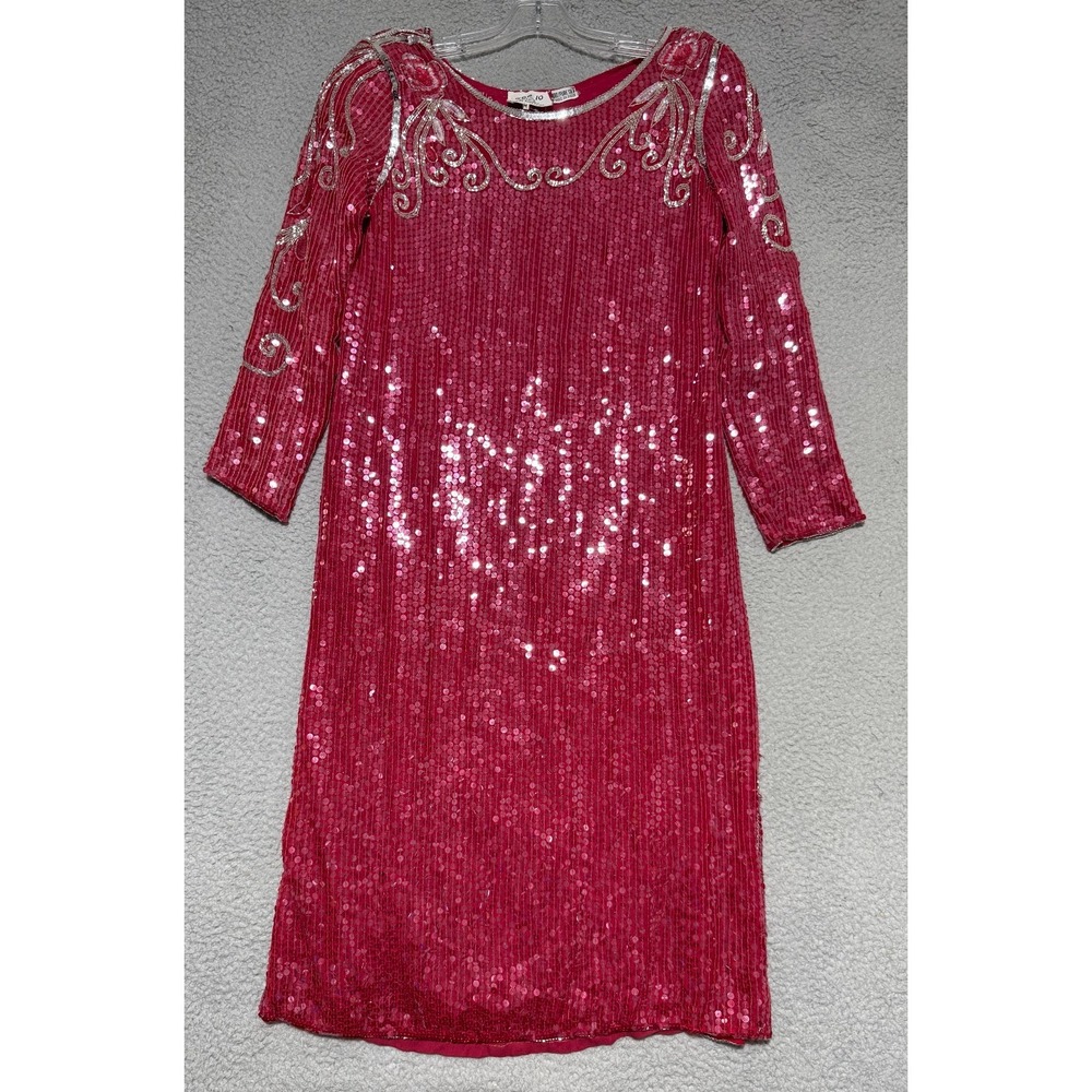 Vintage 80s‎ 100% Silk Swee Lo Womens Red Sequin Beaded Dress Size M